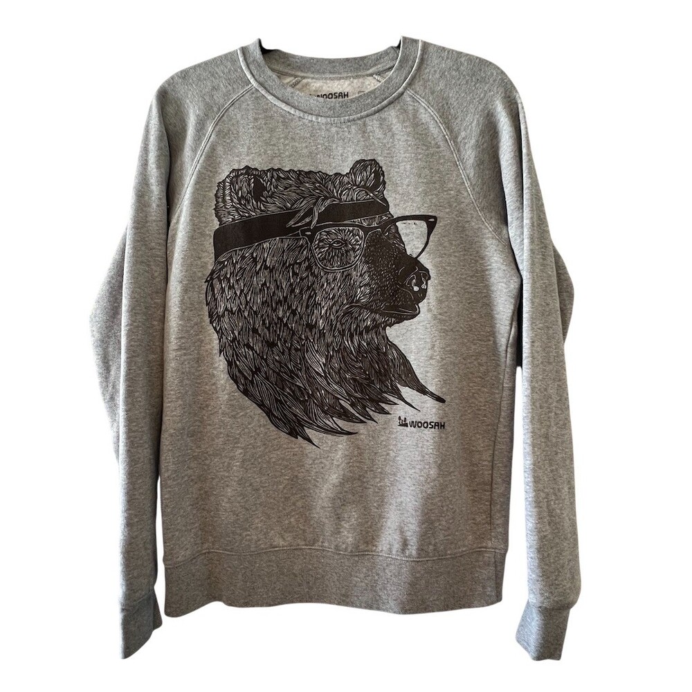 WOOSAH Sweatshirt Unisex XS Gray Crewneck Pullover Bear Graphic